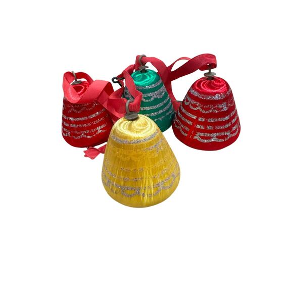 Nostalgic VTG Satin Wrapped Bell Christmas Ornaments Set 4 Glitter Mid Century - Picture 2 of 3